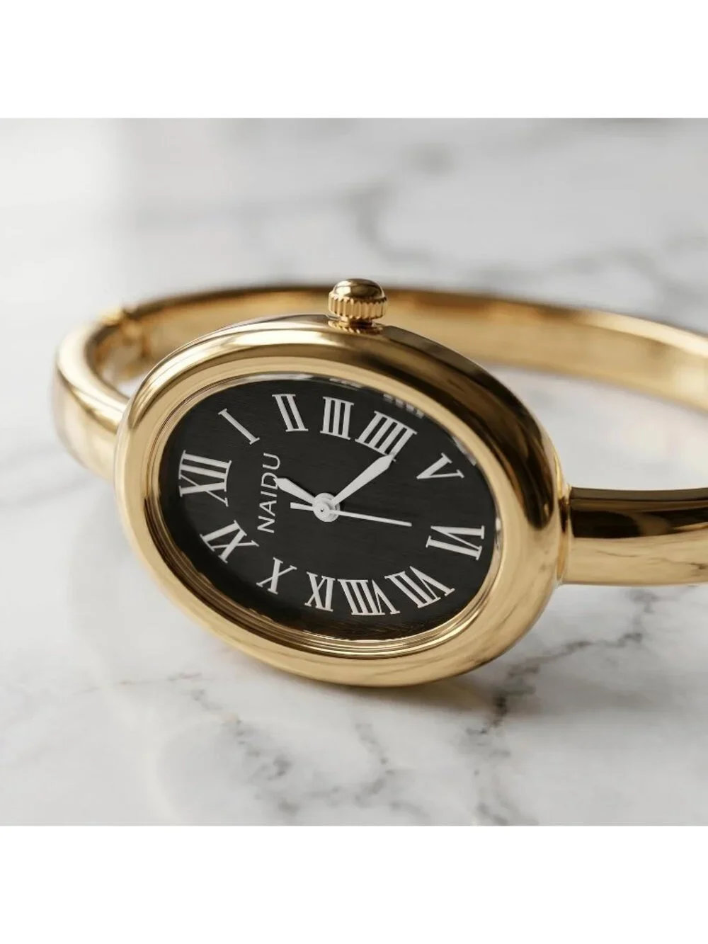 Women's Gold/Black Elegant Open-Cuff Bracelet Roman Numeral Dial Wrist Watches